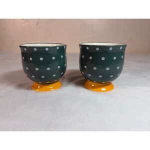 Pioneer Woman Green Polka Dot Footed Coffee Mugs Yellow Base Set of 2